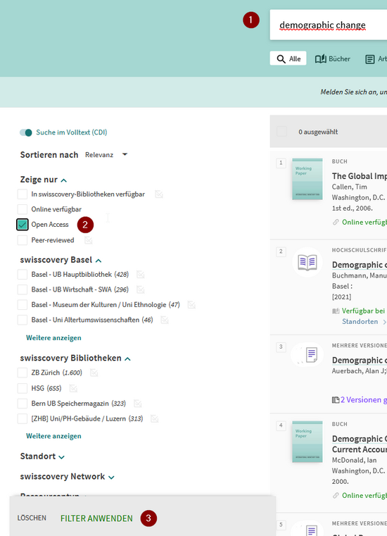 [Translate to English:] Swisscovery Filter für Open Access 