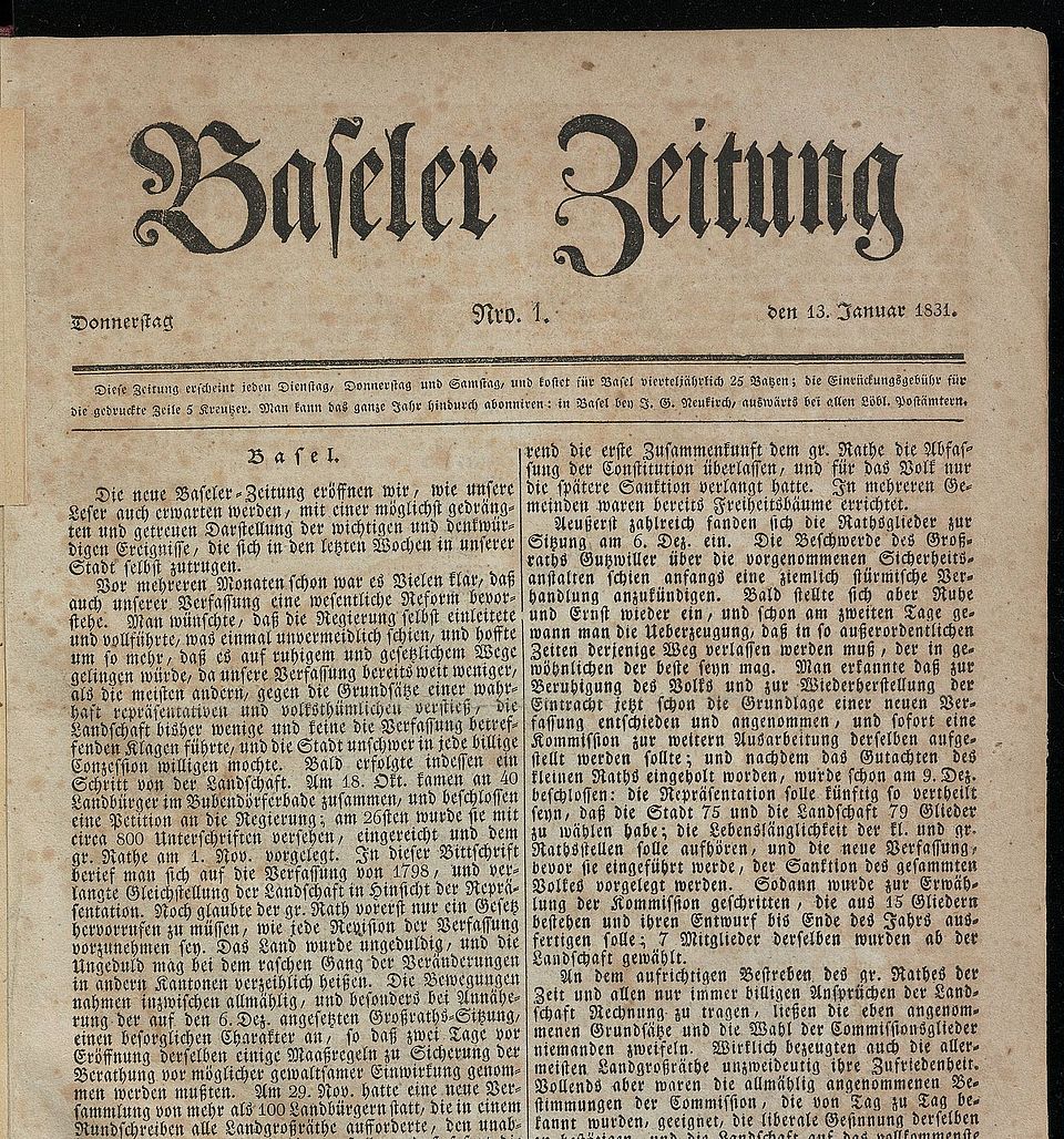 Basler Zeitung aus dem Jahr 1831