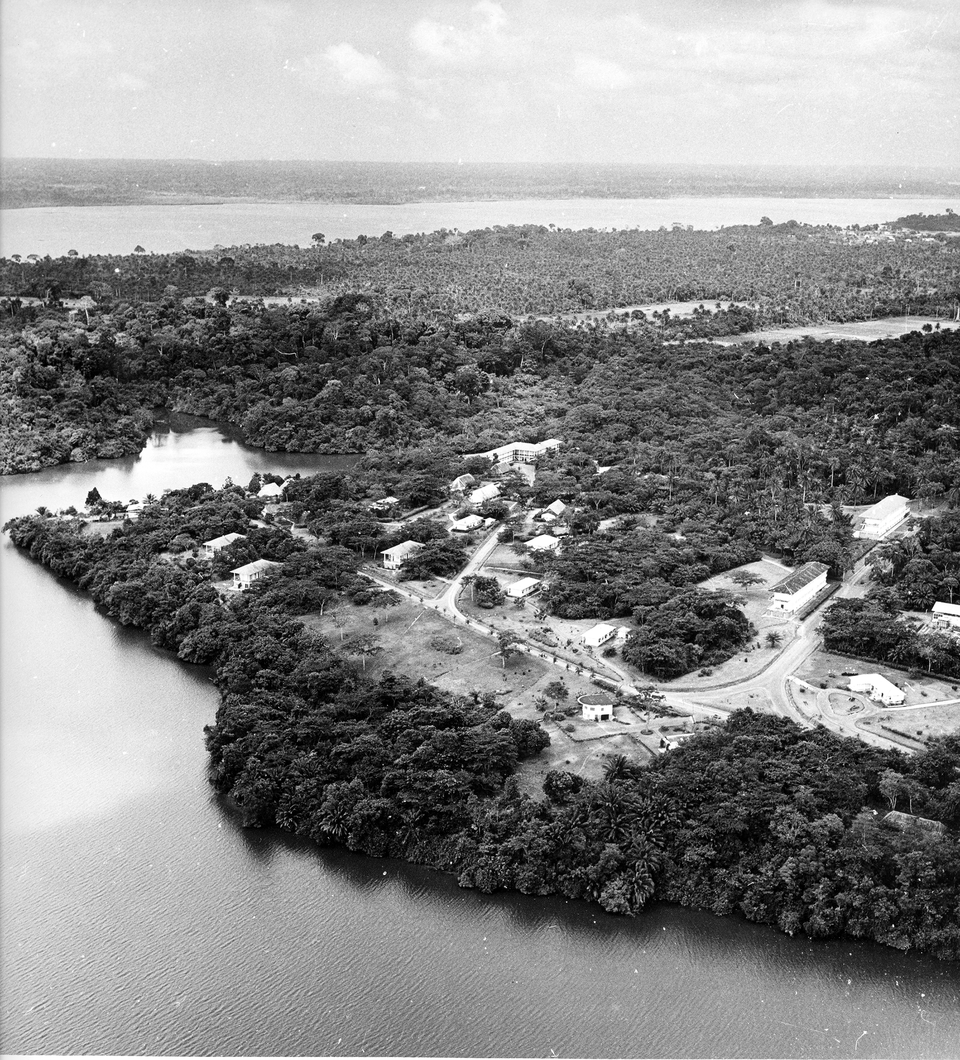 Das französisches Forschungszentrum ORSTOM mit dem Areal des Centre Suisse de Recherches Scientifiques (CSRS) in Adiopodoumé, Elfenbeinküste. Fotografie, ca. 1965., Swiss TPH, Elfenbeinküste, 8126