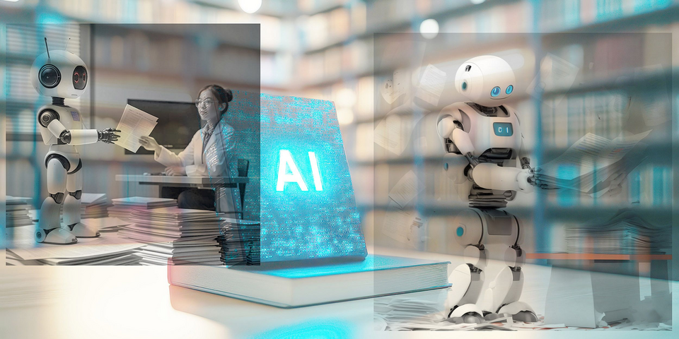 A book with the text "AI" on an open, blank book in a library. The background is blurred with a bokeh effect A book with the text "AI" on an open, blank book