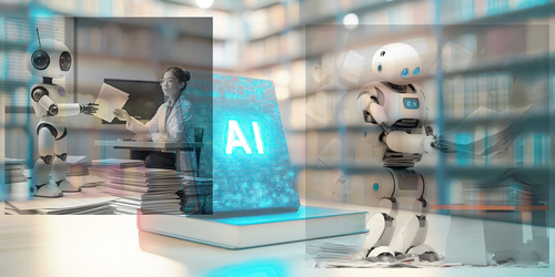 A book with the text "AI" on an open, blank book in a library. 