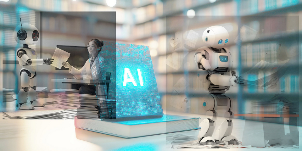 A book with the text "AI" on an open, blank book in a library. The background is blurred with a bokeh effect Smbolbild KI-Recherche