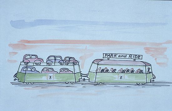 Lucius Burckhardt kritisiert die Omnipräsenz des Autos auch in seinen Aquarellen. 