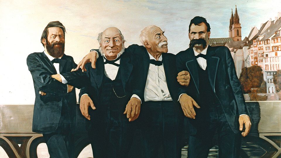 Johannes Grützke: A. Böcklin, J. J. Bachofen, J. Burckhardt und F. Nietzsche auf der Mittleren Rheinbrücke in Basel, 1970