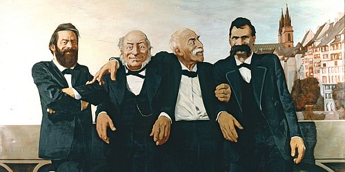 Johannes Grützke: A. Böcklin, J. J. Bachofen, J. Burckhardt und F. Nietzsche auf der Mittleren Rheinbrücke in Basel, 1970