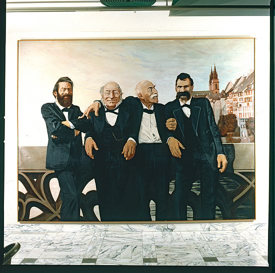 Johannes Grützke: A. Böcklin, J. J. Bachofen, J. Burckhardt und F. Nietzsche auf der Mittleren Rheinbrücke in Basel, 1970