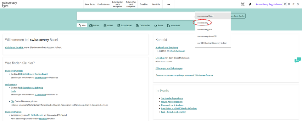 [Translate to English:] Suchbereich Swisscovery