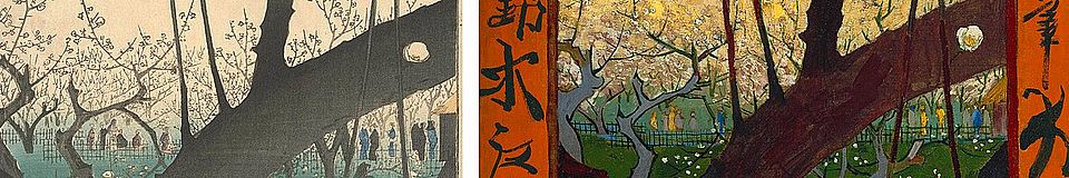 [Translate to English:] Der Pflaumengarten in Kameido: Hiroshiges Original-Holzschnitt und Van Gogh's Kopie in Öl