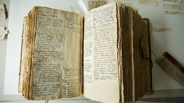 Geöffneter Band des Glossariums mit alphabetisch geordneten Zettel