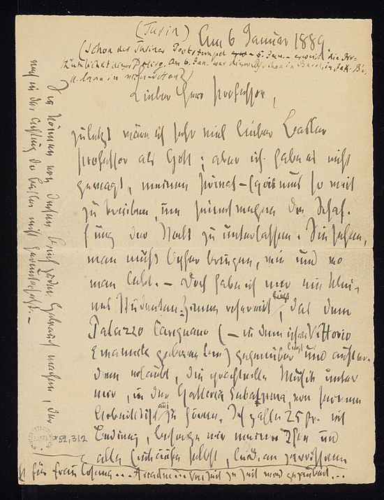 Brief von Friedrich Nietzsche an Jacob Burckhardt, Turin, 6. Januar 1889. (UB Basel, NL 13, 18).