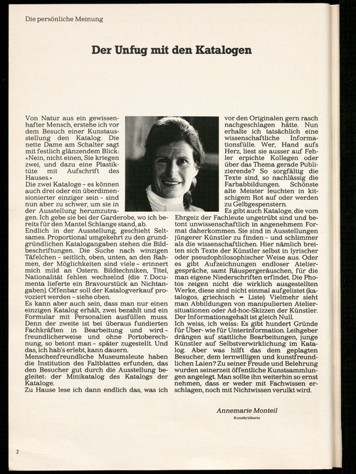 Beitrag in der Kunstzeitschrift «du» 11/1982 über Ausstellungskataloge