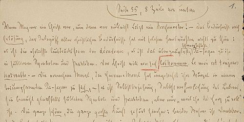 «Der Fall Wagner»: Handschriftliche Manuskriptseite von Friedrich Nietzsche, 1888. (Ausschnitt; UB Basel, NL 200, II 1)