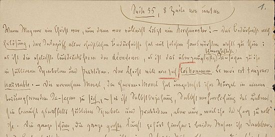 «Der Fall Wagner»: Handschriftliche Manuskriptseite von Friedrich Nietzsche, 1888. (Ausschnitt; UB Basel, NL 200, II 1)