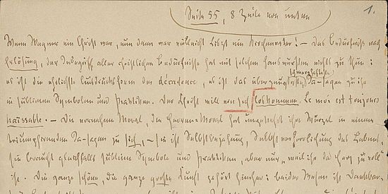 «Der Fall Wagner»: Handschriftliche Manuskriptseite von Friedrich Nietzsche, 1888. (Ausschnitt; UB Basel, NL 200, II 1)