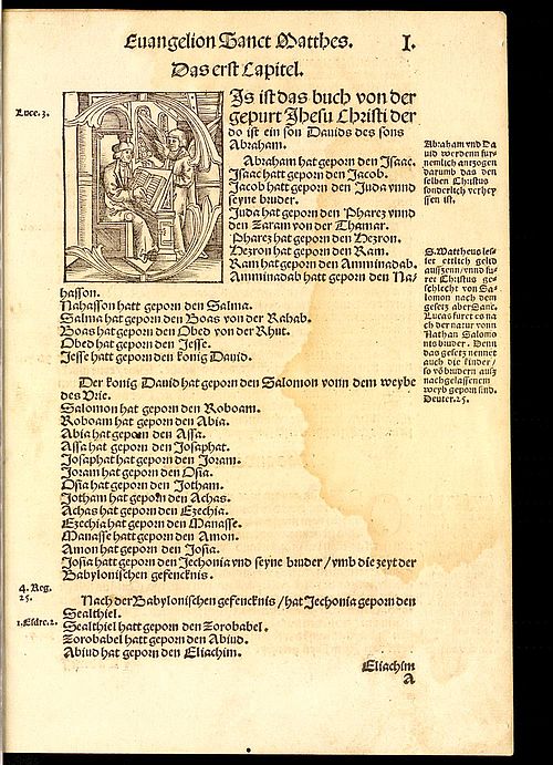 Martin Luthers Ausgabe des neuen Testaments, erstes Kapitel des Matthäusevangeliums