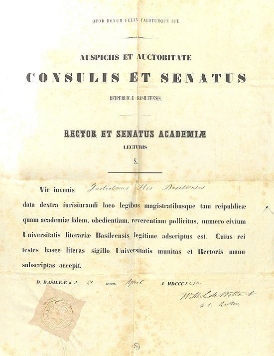 Wilhelm His: Immatrikulationsurkunde der Universität Basel, 21. April 1849.