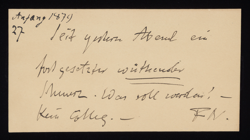 Postkarte von Friedrich Nietzsche an Franz Overbeck, Turin, 9. Oktober 1888.